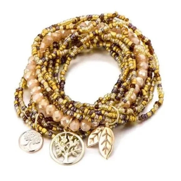Boho Beaded Wrap Bracelet /Anklet Set w/ Tree & Leaf Charms - Picture 2 of 3
